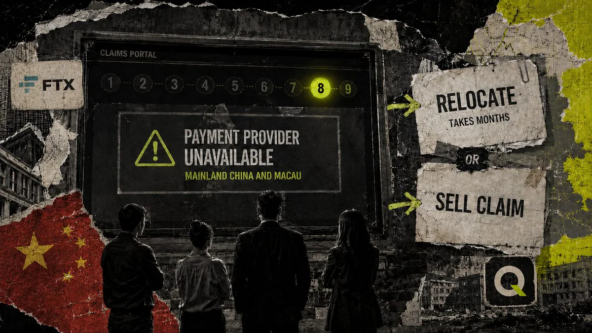 A claims portal screen showing steps one through nine; step eight is highlighted and the screen reads "Payment provider unavailable - mainland China and Macau". Four people stand before it with their backs to the viewer. The FTX logo is at the top left and the Qredax logo at the bottom right.